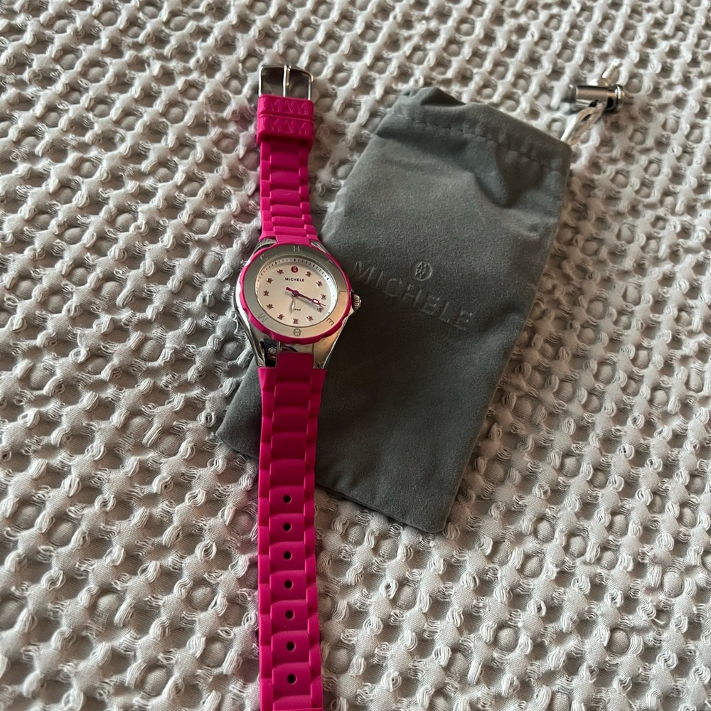 MICHELE jelly bean pink quartz watch, needs battery.   Works perfectly. - Picture 4 of 10